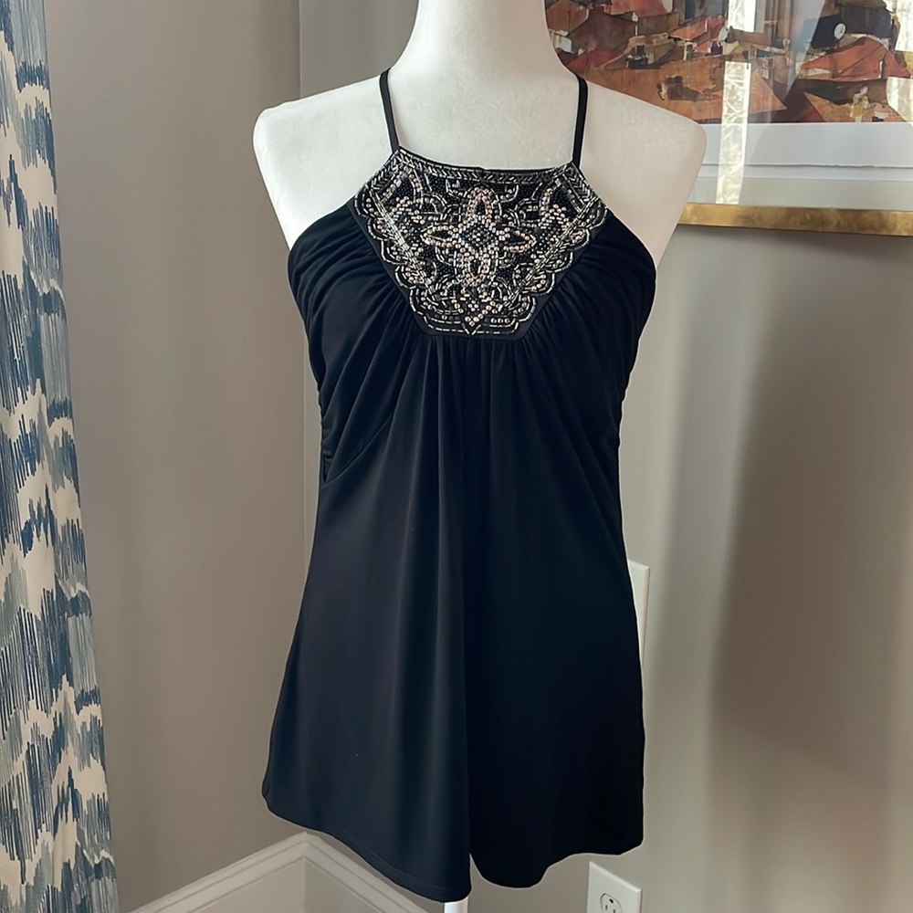 White House Black Market Women's Black Beaded Halter Top Crisscross Back…